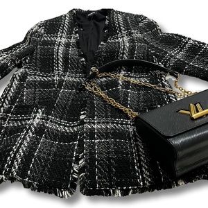 Plaid collarless boucle blazer ; tweed - preloved size L